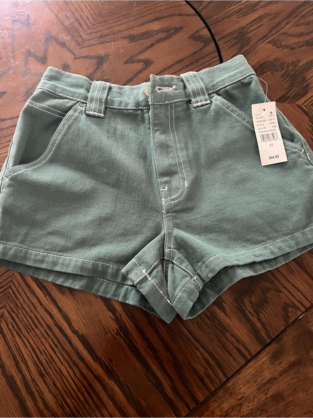 PacSun Women's Green Solid Mid Rise Denim Shorts Pockets Button Size 23 # 587